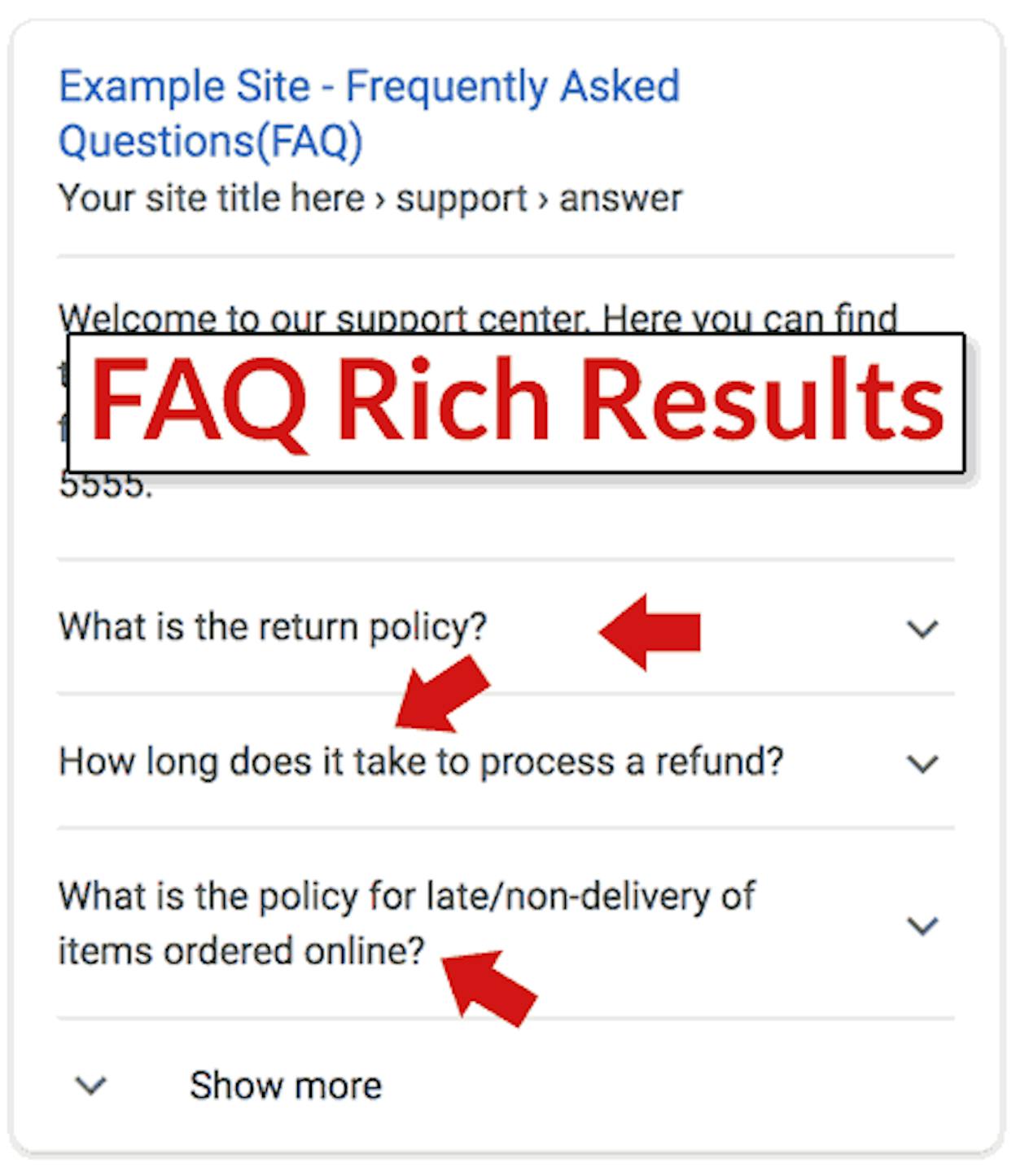 [Screenshot description: Google search results showing a page with FAQ rich results expanded below the main listing, taking up significantly more screen real estate than competing results]