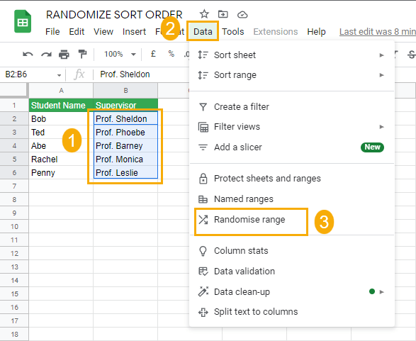 [Screenshot of Google Sheets showing the &ldquo;Randomize range&rdquo; option in the right-click menu]