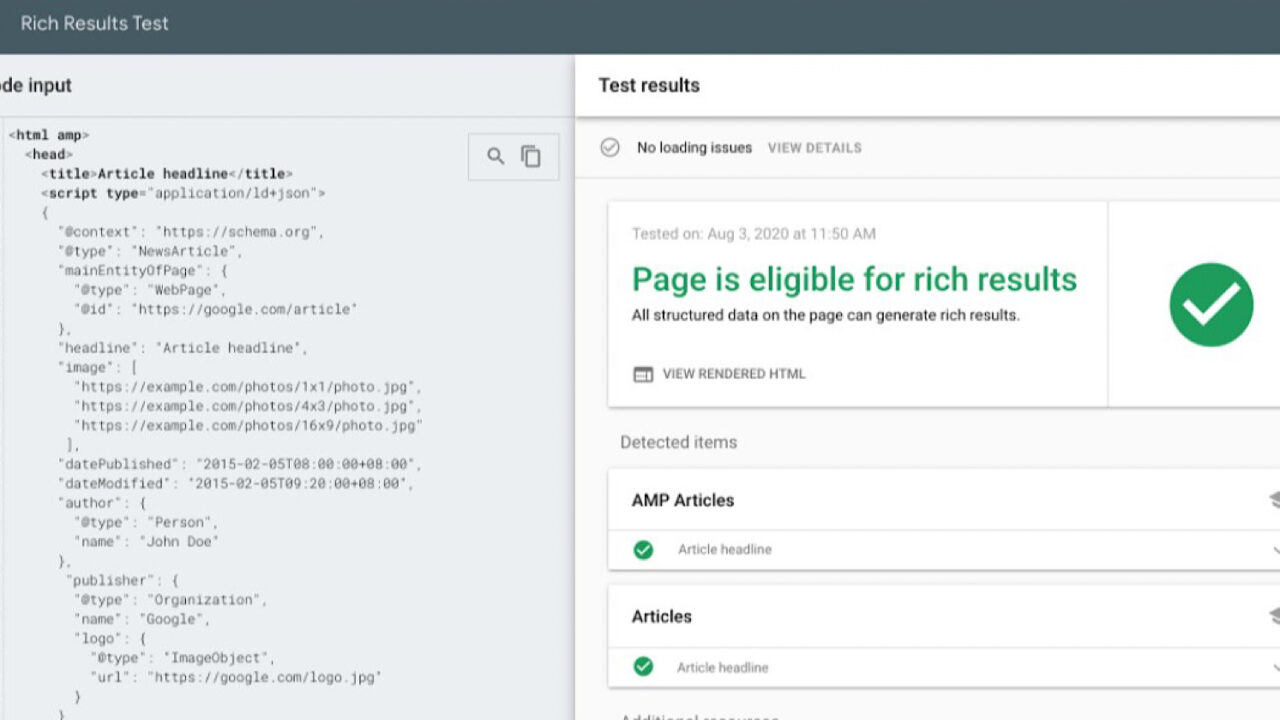 [Screenshot of Google&rsquo;s Rich Results Test tool showing a valid FAQ schema implementation]