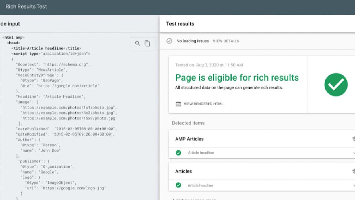 [Screenshot of Google&rsquo;s Rich Results Test tool showing a valid FAQ schema implementation]