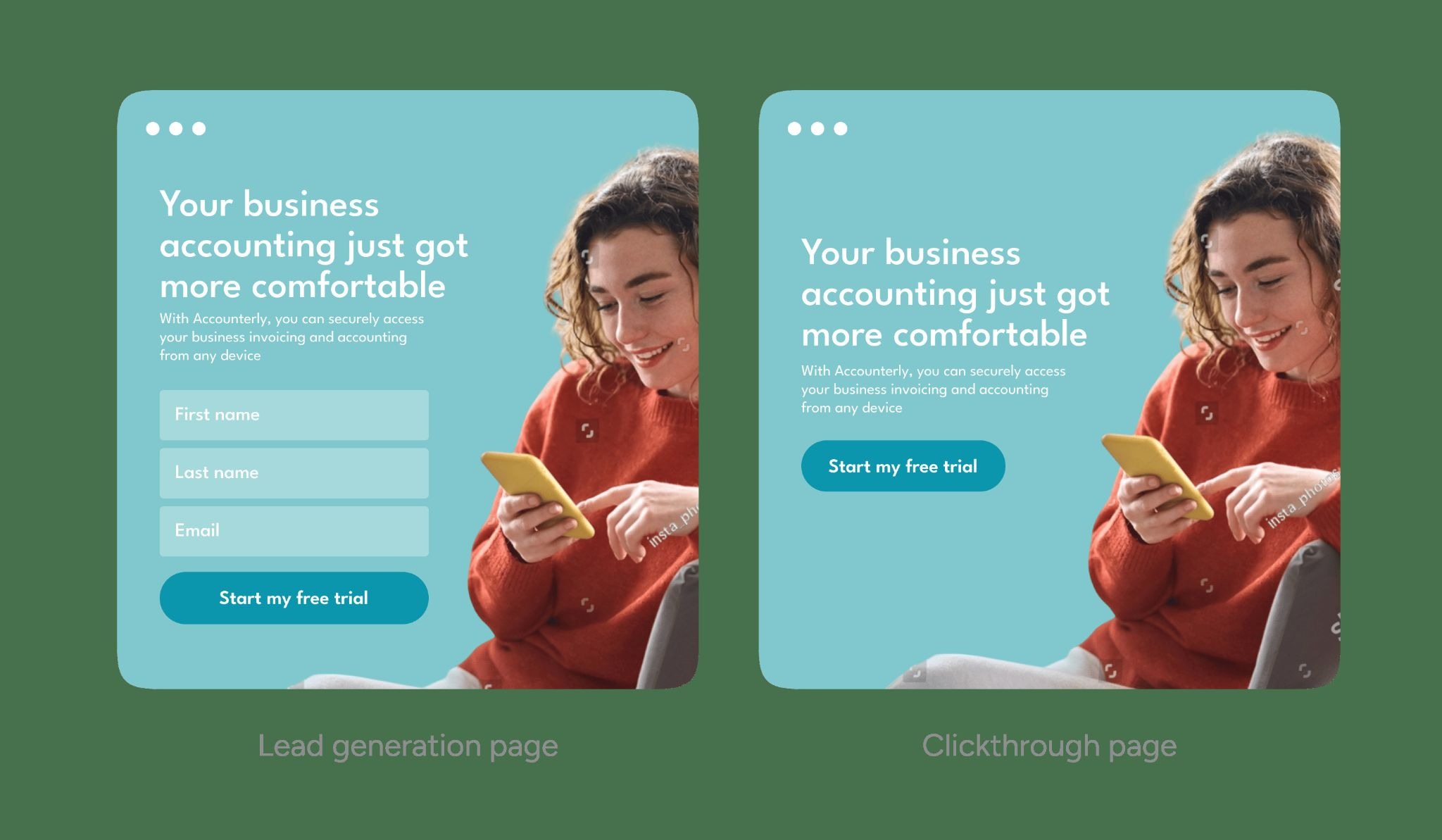 [Screenshot: Side-by-side of a cluttered vs. clean landing page layout]