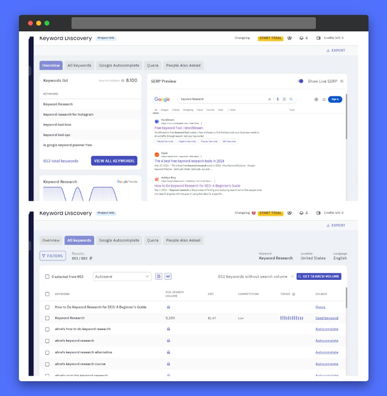 [Screenshot: AI keyword translation tool showing multiple regional variations of a keyword with search volume for each]