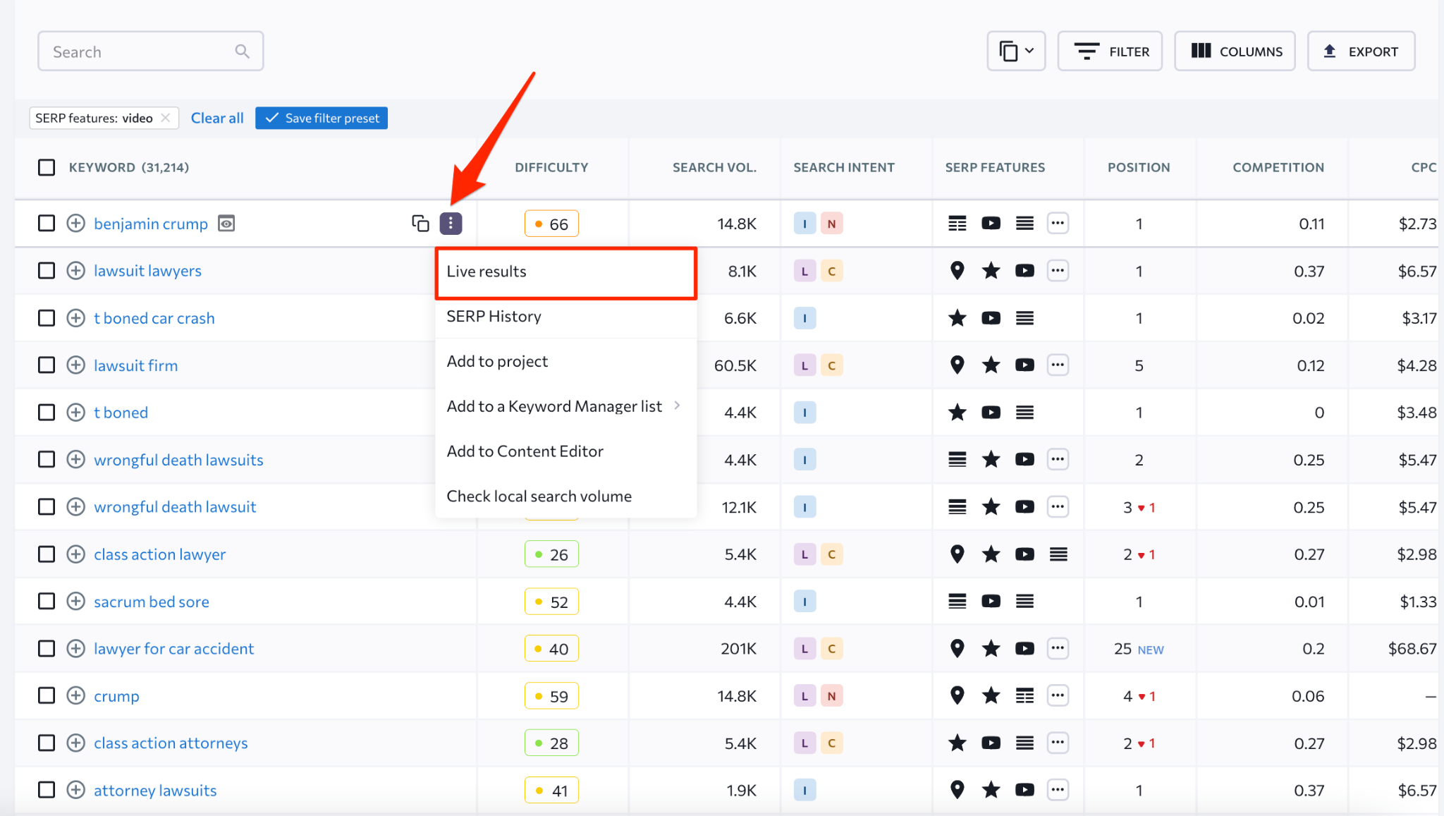 [Screenshot: An SEO tool showing keywords with video SERP features, indicating demand for video content on those topics]