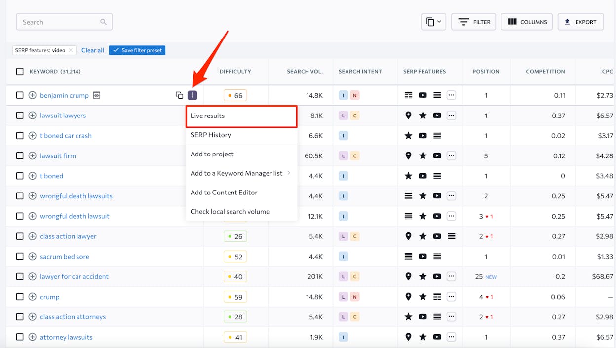 [Screenshot: An SEO tool showing keywords with video SERP features, indicating demand for video content on those topics]