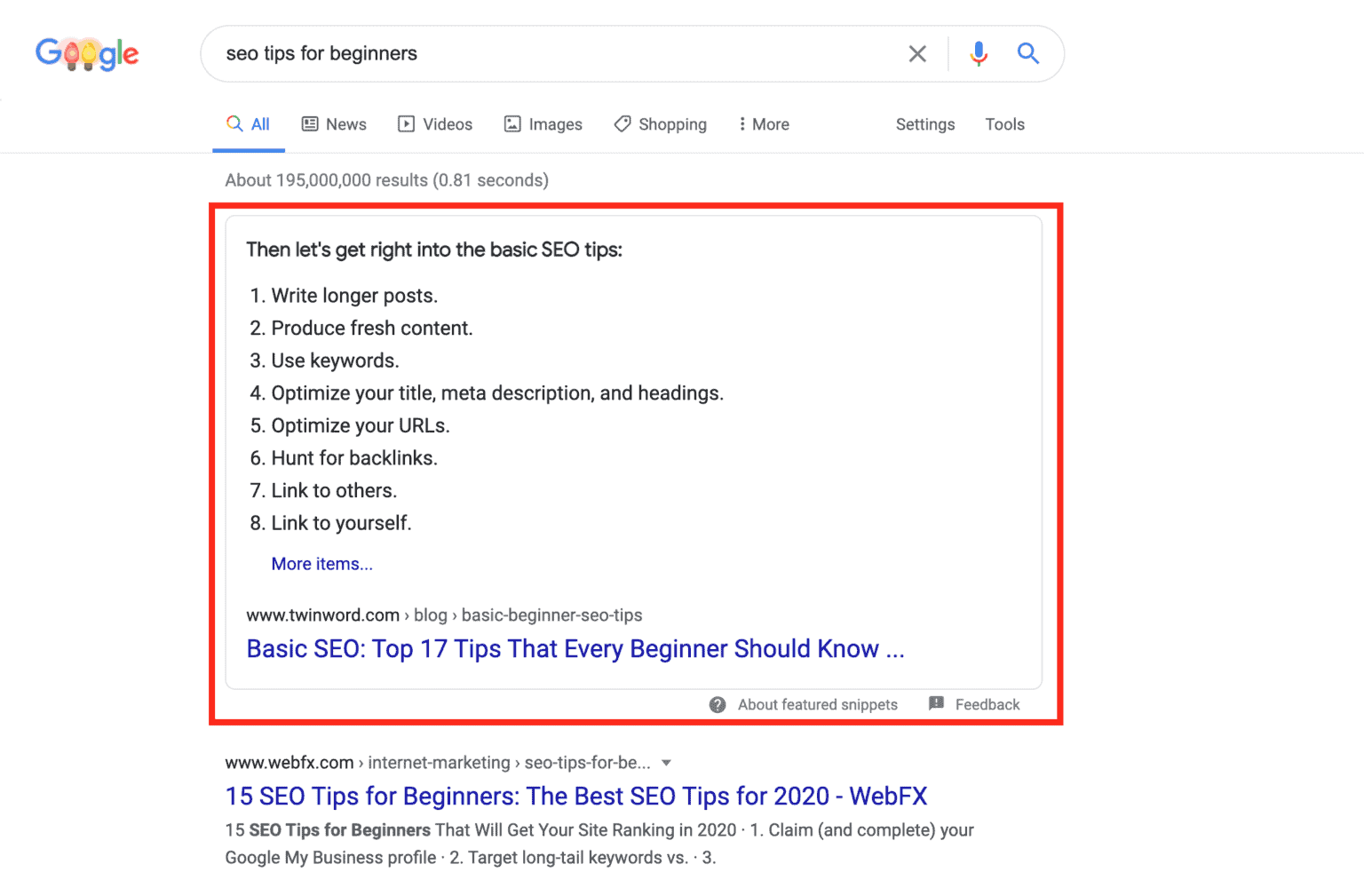 [Screenshot description: Google SERP showing a featured snippet for an informational query, with the snippet box highlighted above organic results]