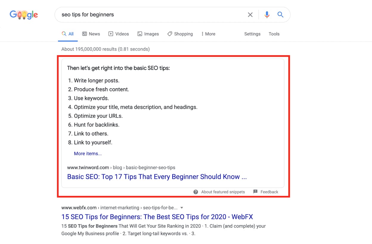 [Screenshot description: Google SERP showing a featured snippet for an informational query, with the snippet box highlighted above organic results]