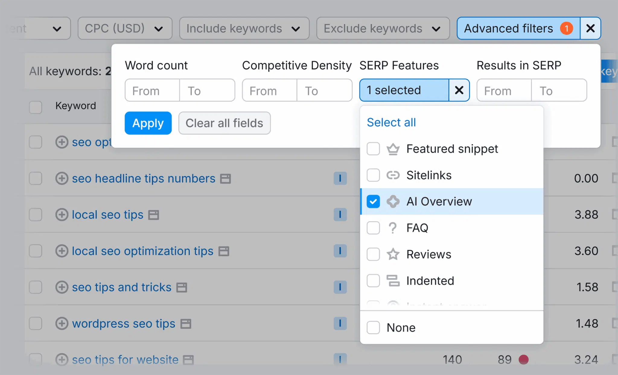[Screenshot description: SEO tool showing organic keywords filtered by &ldquo;featured snippet&rdquo; SERP feature, with position column visible]