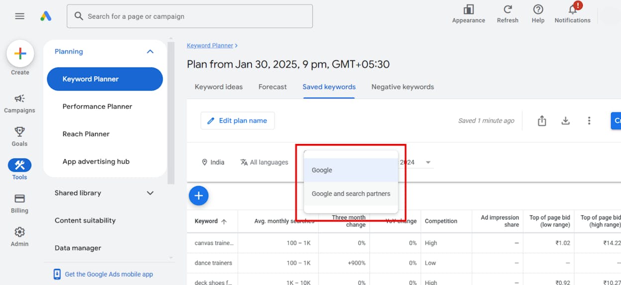 [Screenshot: Google Keyword Planner showing rounded search volume ranges like 100-1K, 1K-10K for a set of keywords]