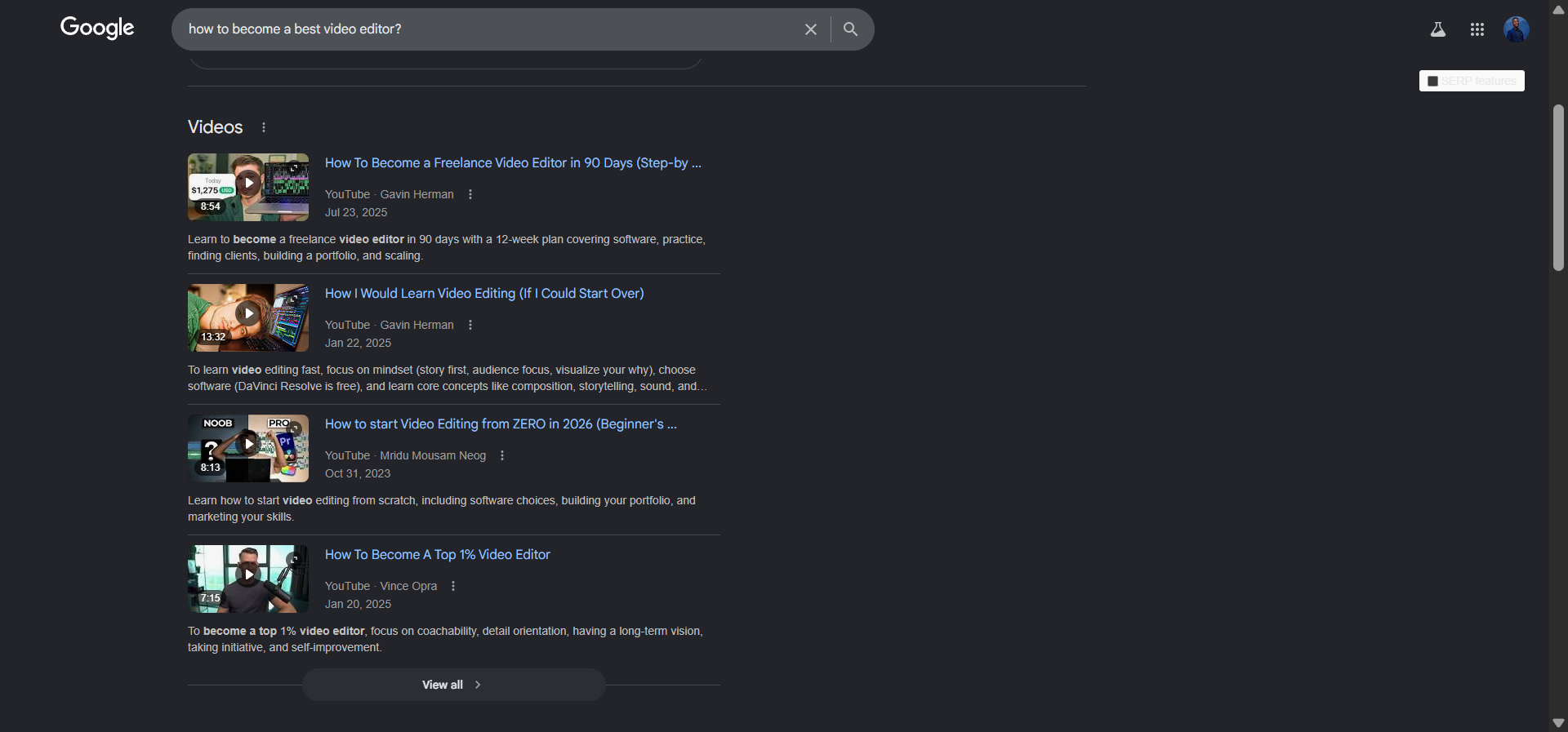 [Screenshot: A Google SERP for a keyword showing the types of results (articles, videos, tools, etc.) that rank]