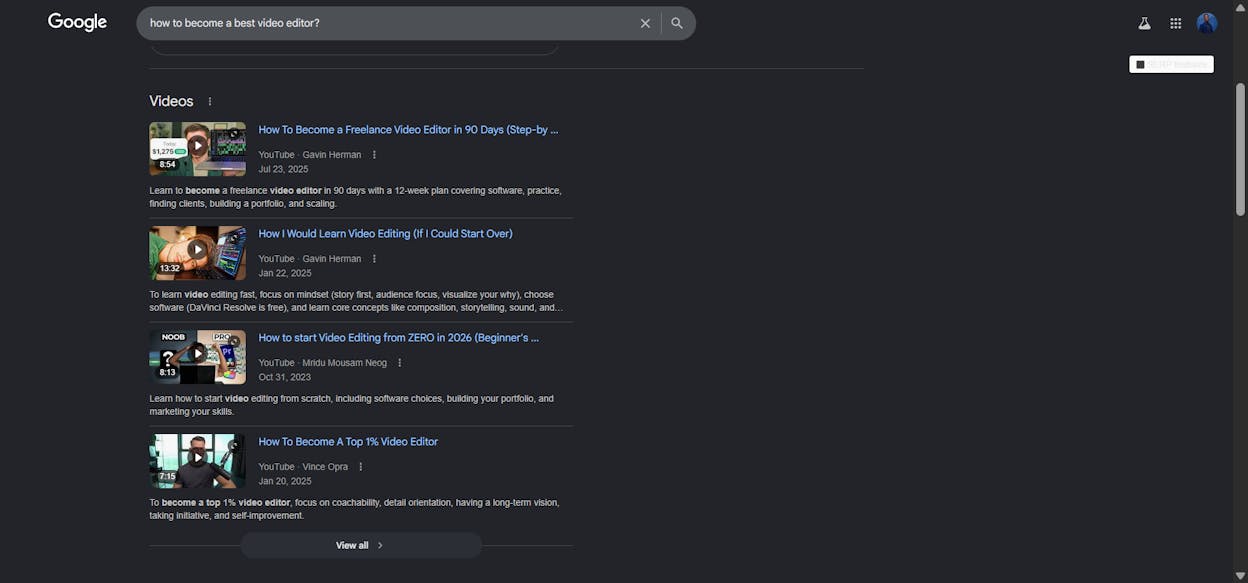 [Screenshot: A Google SERP for a keyword showing the types of results (articles, videos, tools, etc.) that rank]