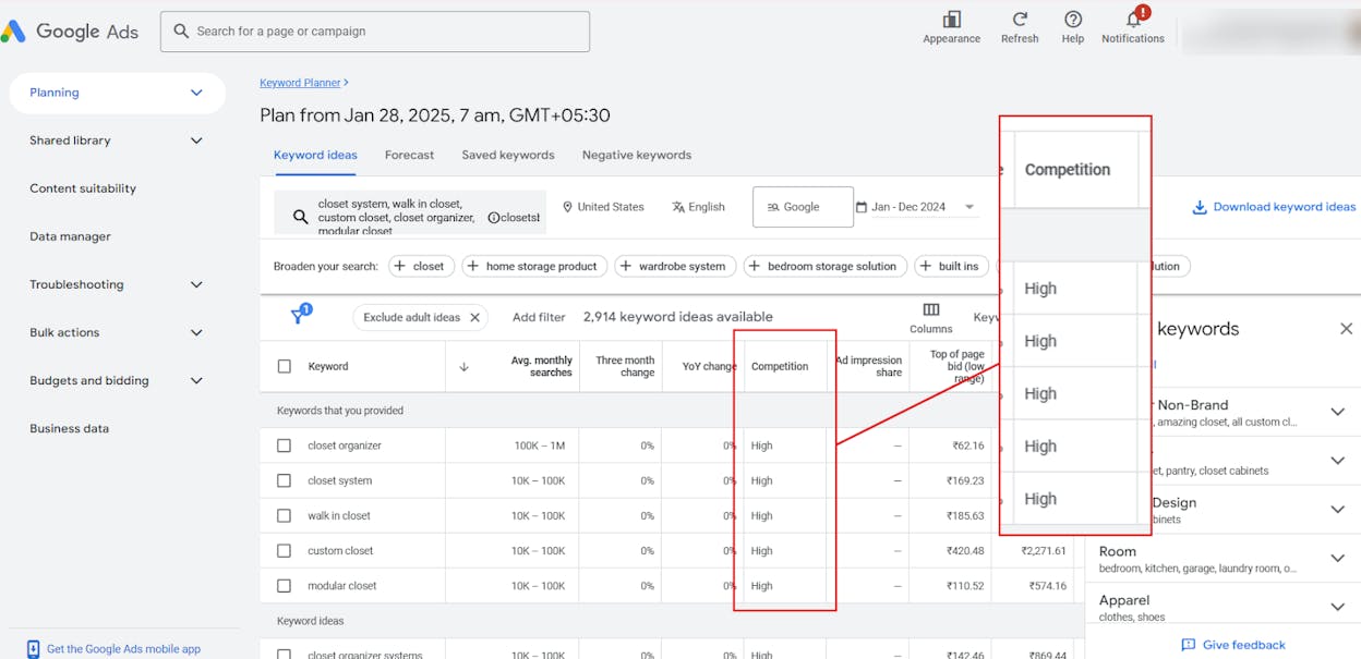 [Screenshot: GKP showing broad &ldquo;1K-10K&rdquo; ranges for non-advertisers vs. the more specific API-level numbers]