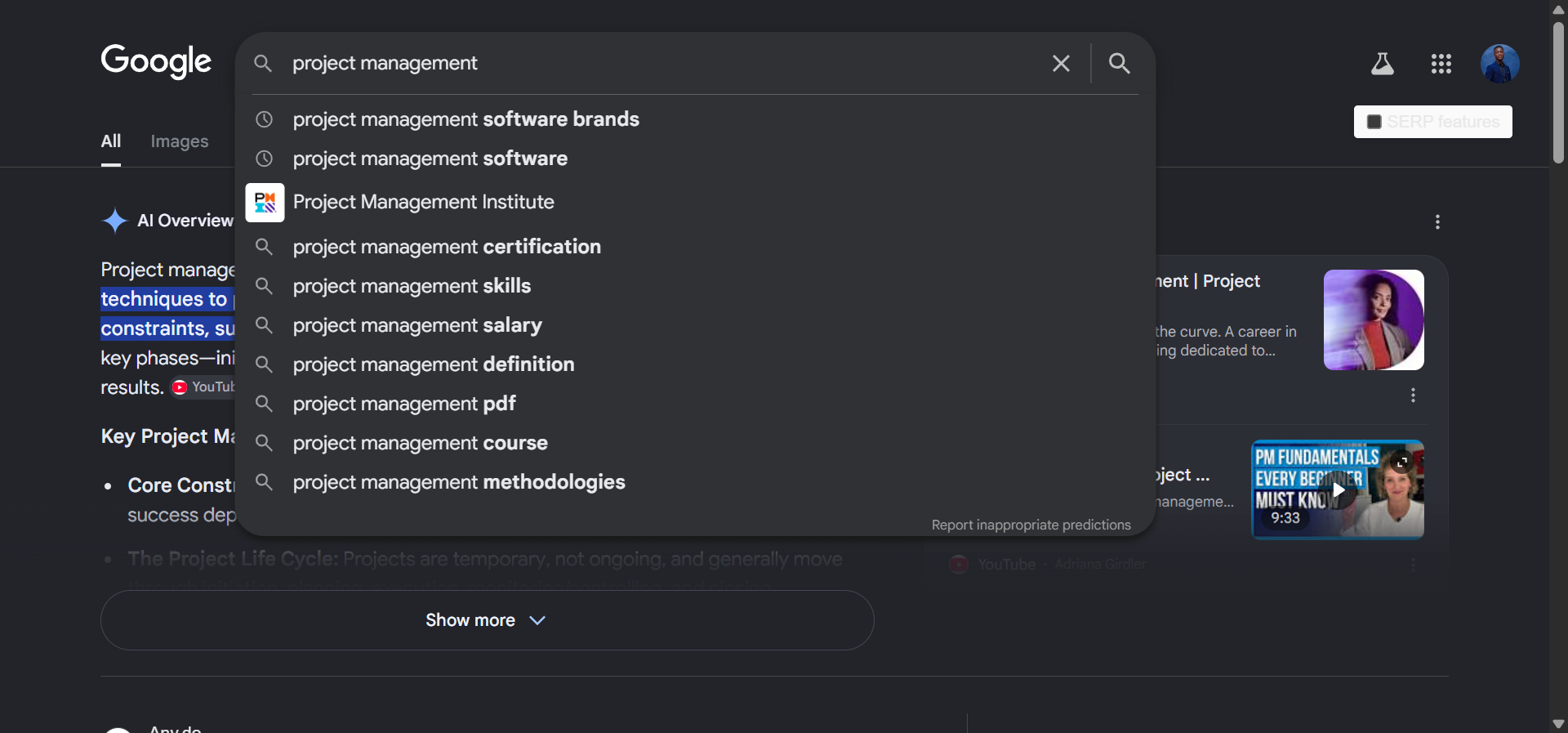 [Screenshot: Google search bar with autocomplete suggestions showing for &ldquo;project management&rdquo;]