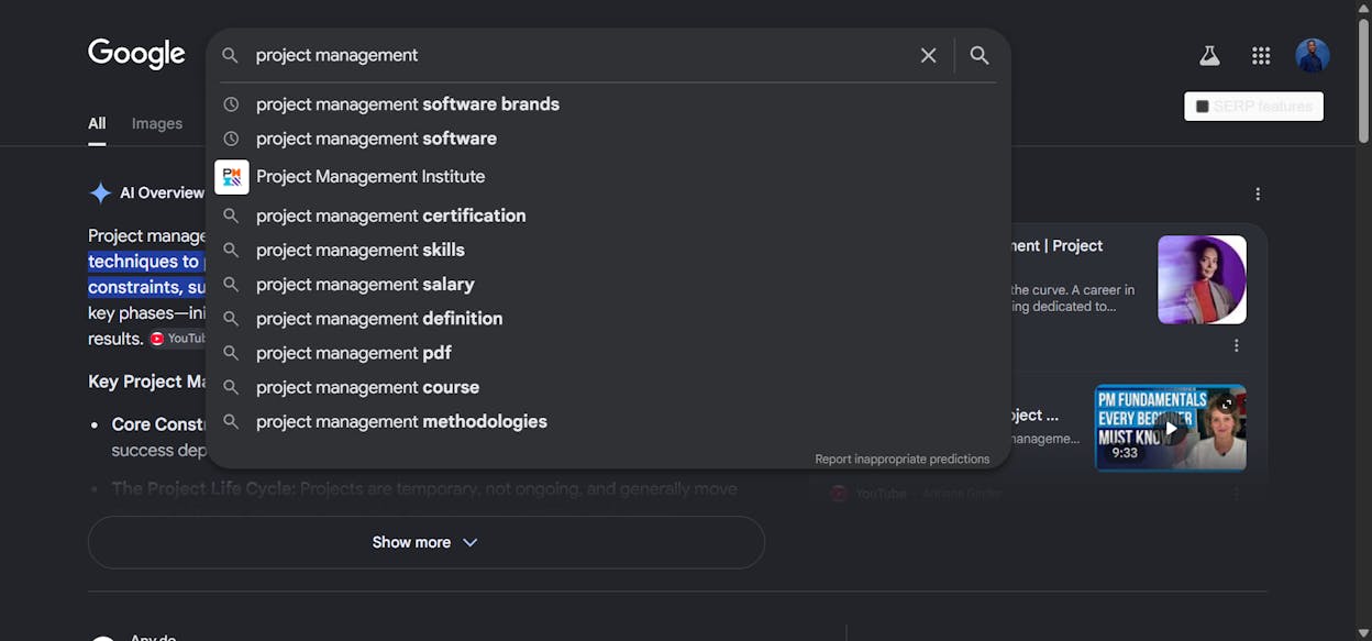 [Screenshot: Google search bar with autocomplete suggestions showing for &ldquo;project management&rdquo;]