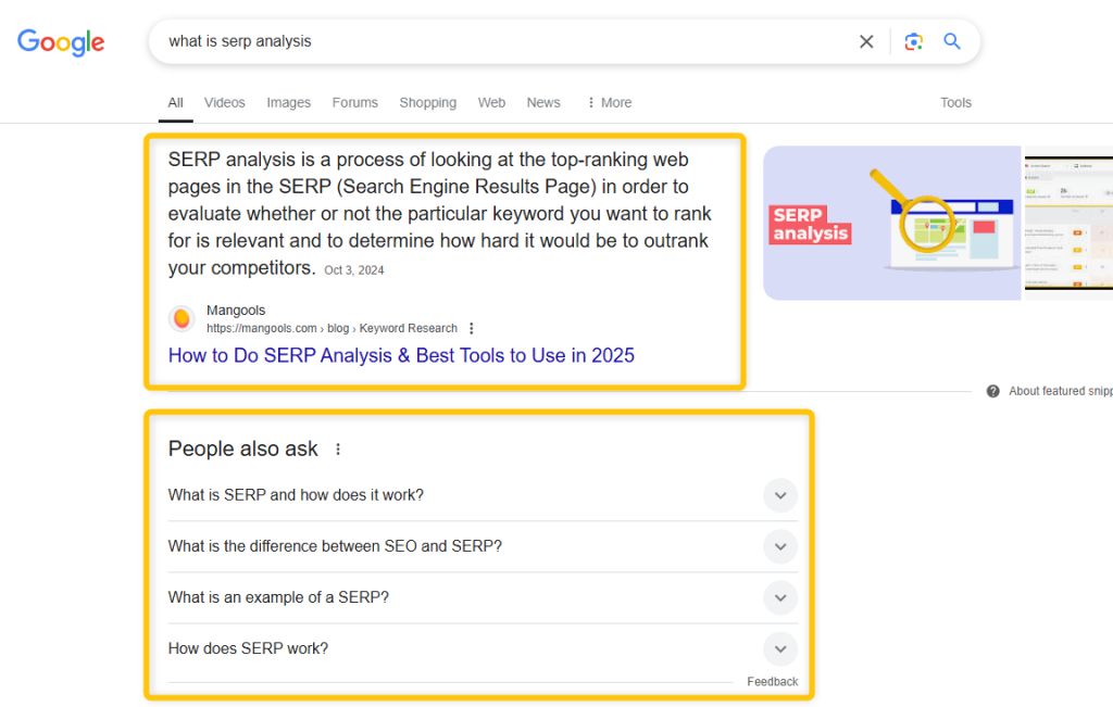 [Screenshot: Google SERP showing results for a keyword to illustrate search intent analysis]