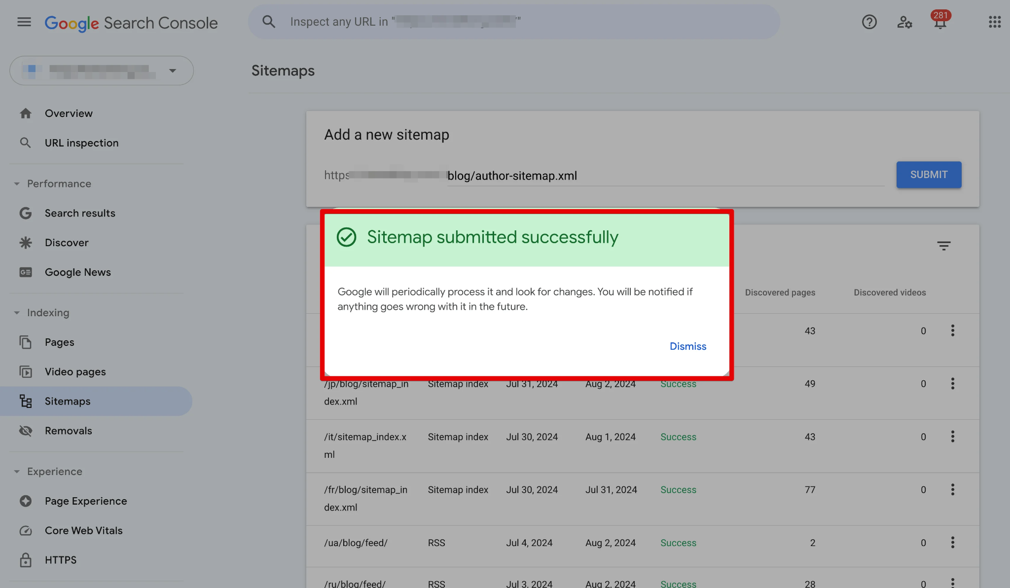 [Screenshot: Google Search Console dashboard showing a newly verified property with the sitemap submission section]