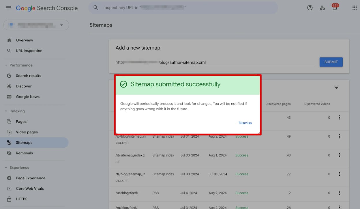[Screenshot: Google Search Console dashboard showing a newly verified property with the sitemap submission section]
