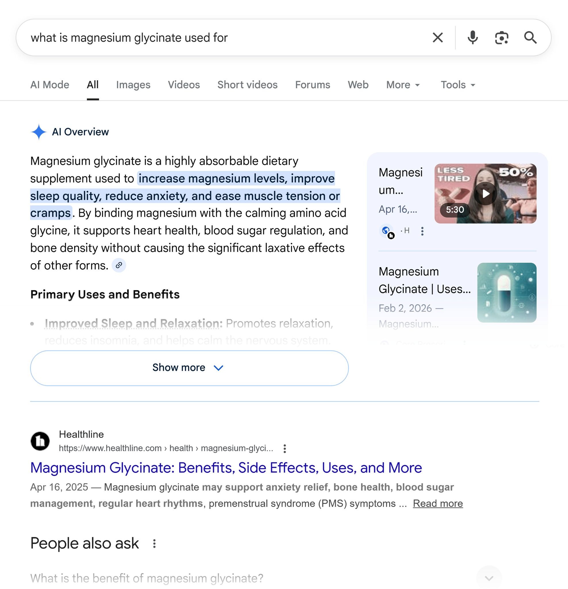 [Screenshot: Google SERP showing an AI Overview above organic results for a health-related query]