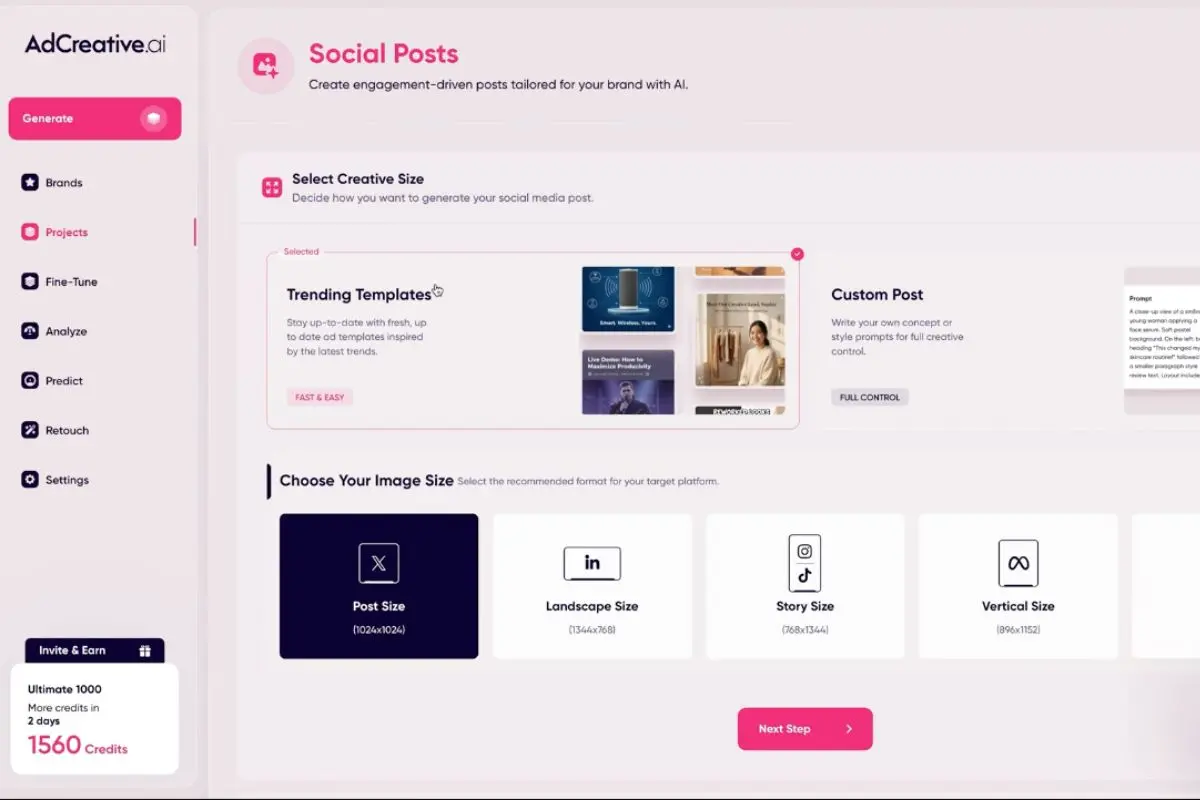 [Screenshot: AdCreative.ai interface showing multiple AI-generated ad variations with performance scores]