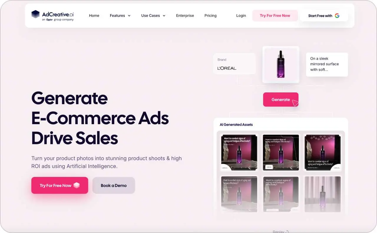 [Screenshot: AdCreative.ai showing a grid of generated ad creatives in various formats for Facebook, Instagram, and Google Display]