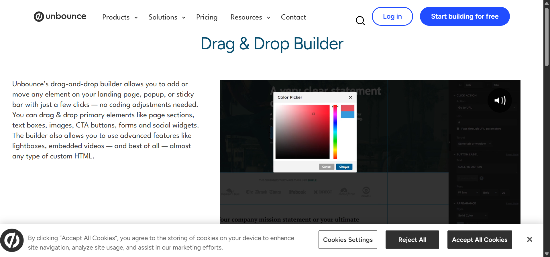 [Screenshot: Unbounce landing page builder showing drag-and-drop editor with a PPC landing page template]