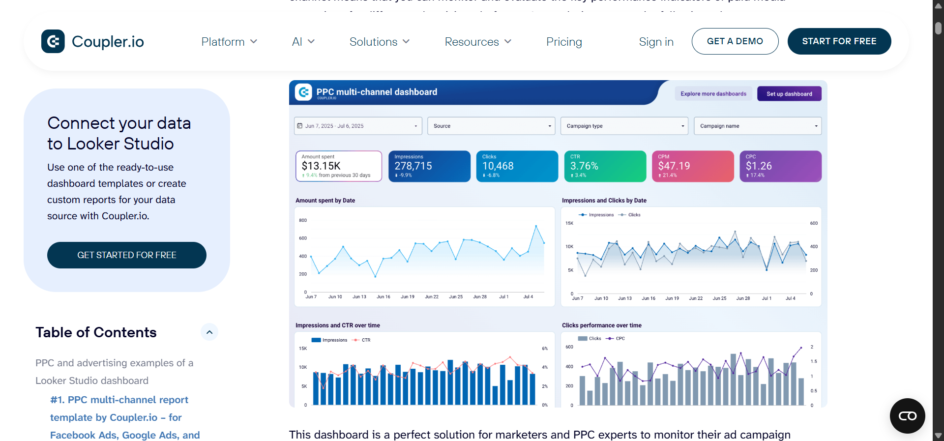 [Screenshot: Looker Studio dashboard showing a multi-channel PPC report with Google Ads, Meta Ads, and conversion data in charts and tables]