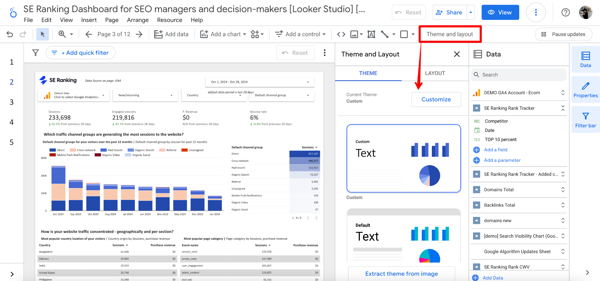 [Screenshot: Looker Studio report builder showing data source connections for Google Ads, GA4, and Google Sheets]