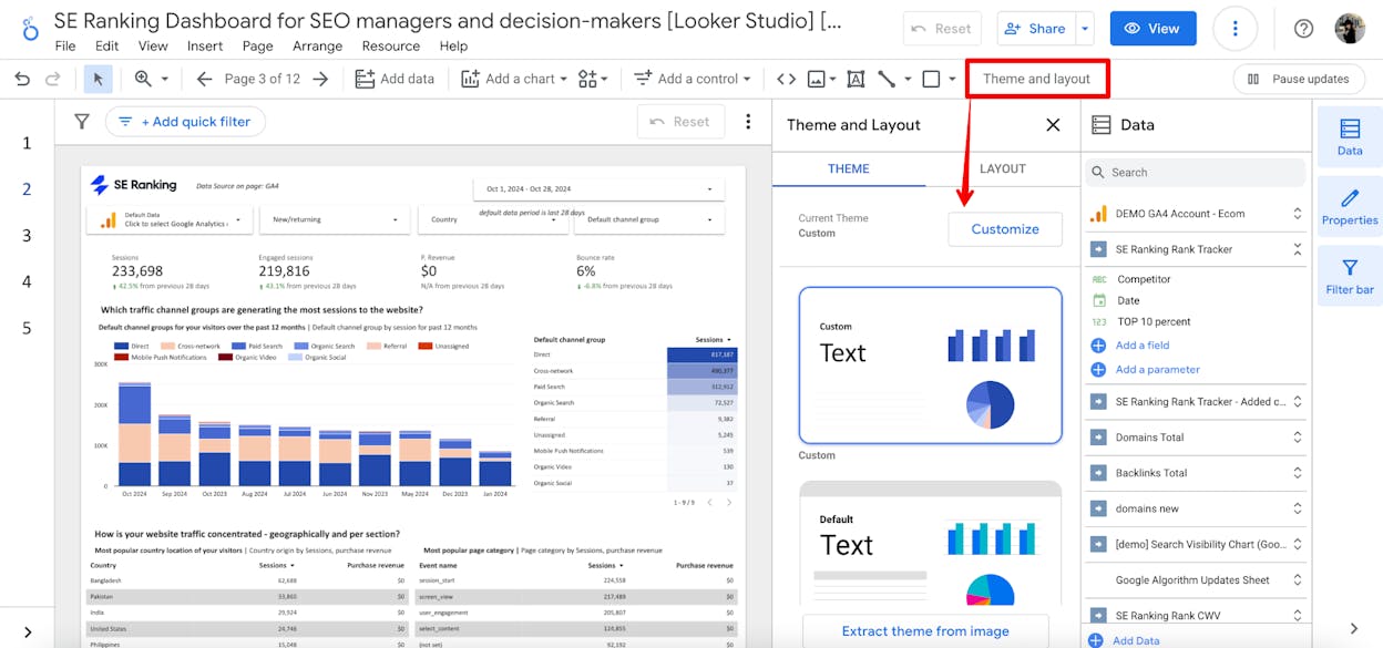 [Screenshot: Looker Studio report builder showing data source connections for Google Ads, GA4, and Google Sheets]