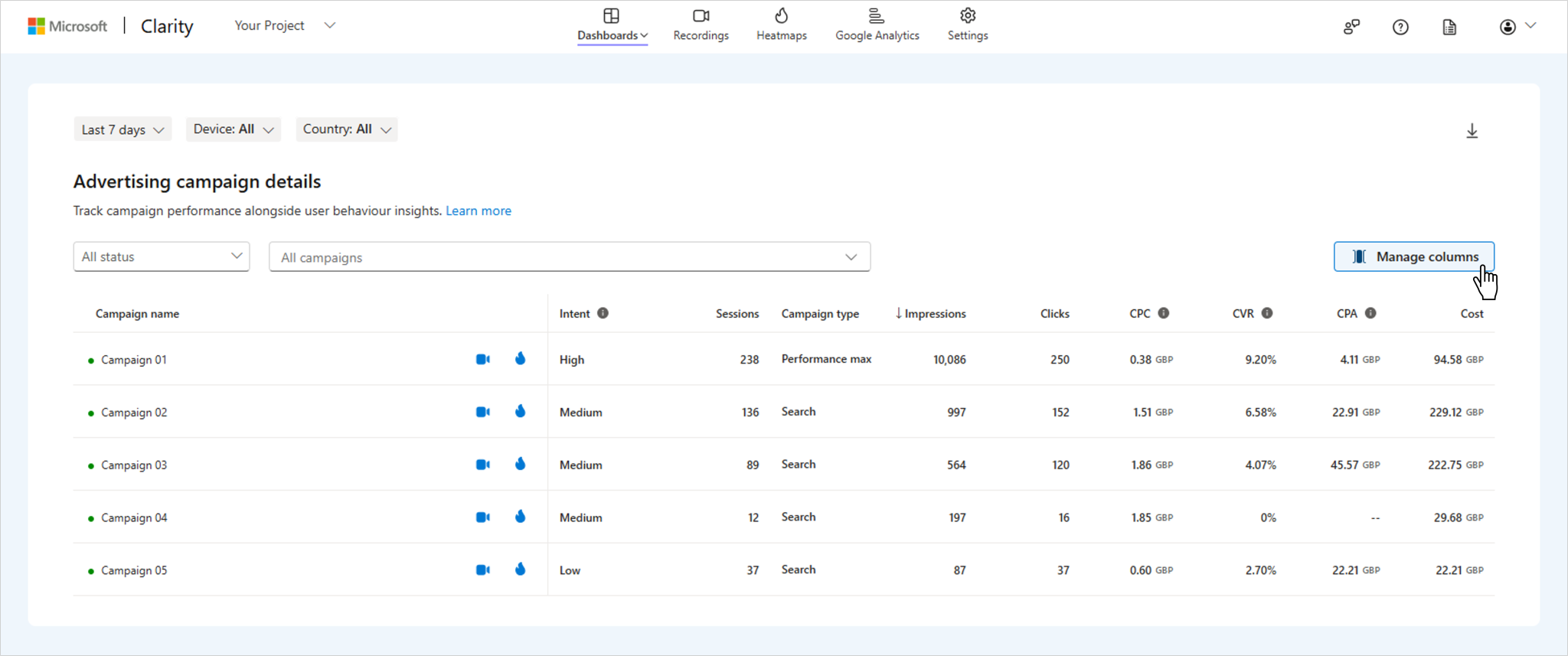 [Screenshot: Microsoft Clarity filter panel showing Google Ads campaign segmentation with UTM parameters]