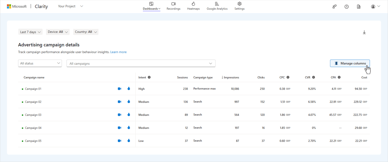 [Screenshot: Microsoft Clarity filter panel showing Google Ads campaign segmentation with UTM parameters]