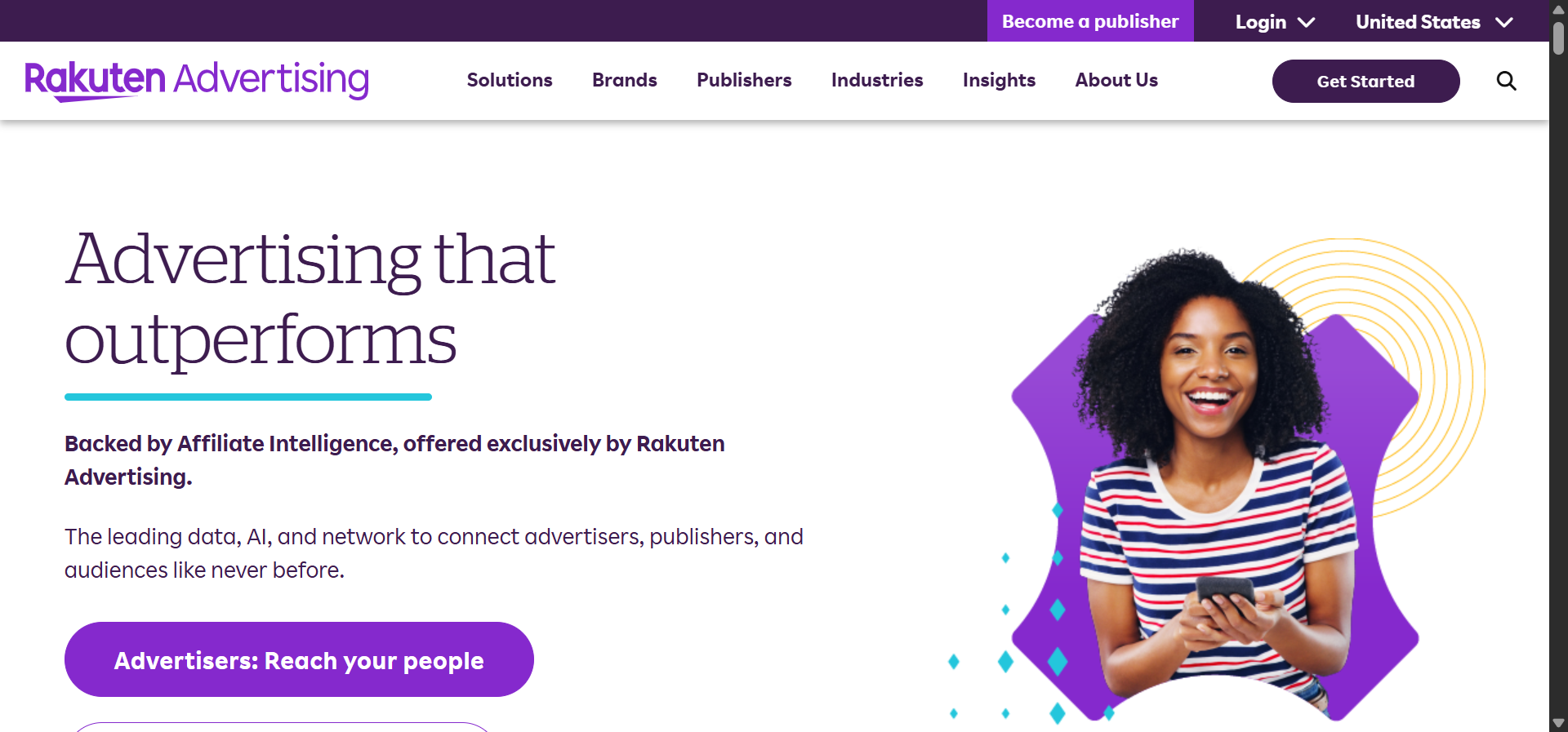 [Screenshot: Rakuten Advertising partner brands and merchant categories page]