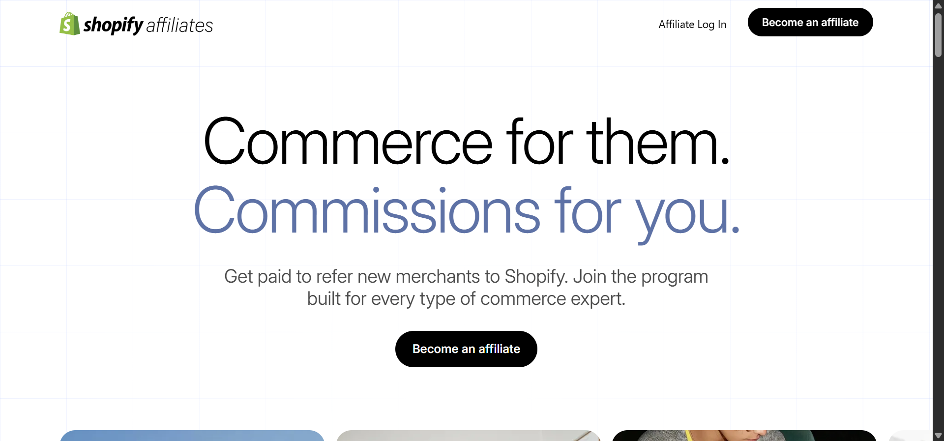 [Screenshot: Shopify affiliate program landing page with commission details and sign-up form]