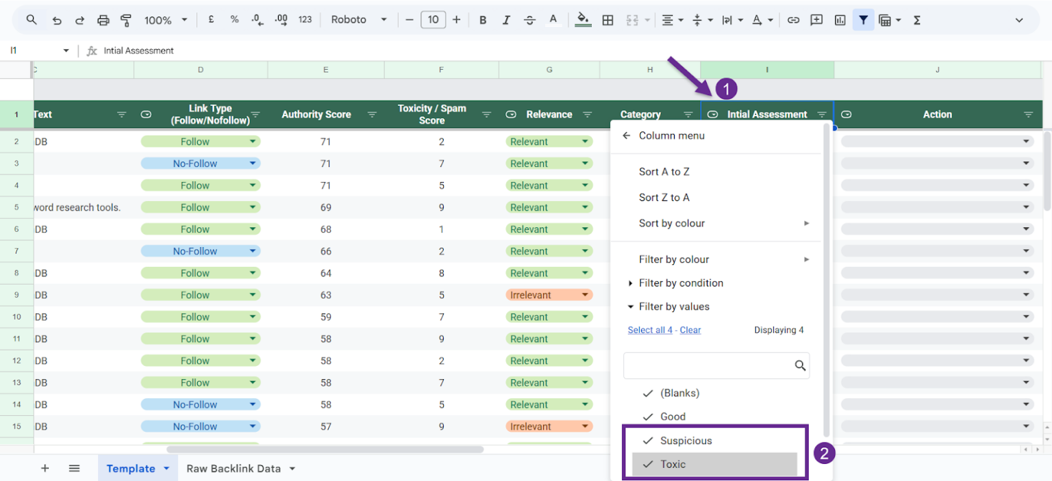 [Screenshot: A spreadsheet tracking broken backlinks with columns for original URL, redirect target, referring domain, and status]