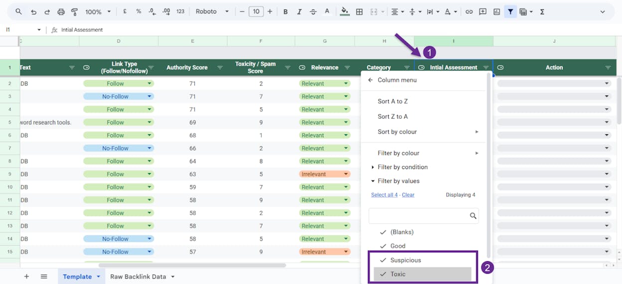 [Screenshot: A spreadsheet tracking broken backlinks with columns for original URL, redirect target, referring domain, and status]
