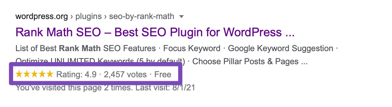 [Screenshot: Google SERP showing a rich result with product schema including star ratings, price, and availability]