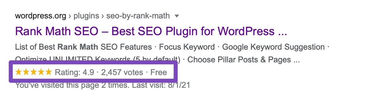 [Screenshot: Google SERP showing a rich result with product schema including star ratings, price, and availability]