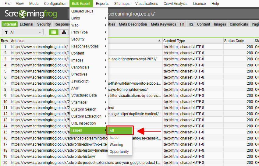 [Screenshot: Screaming Frog crawl export showing a list of URLs with status codes, word count, and indexability status]
