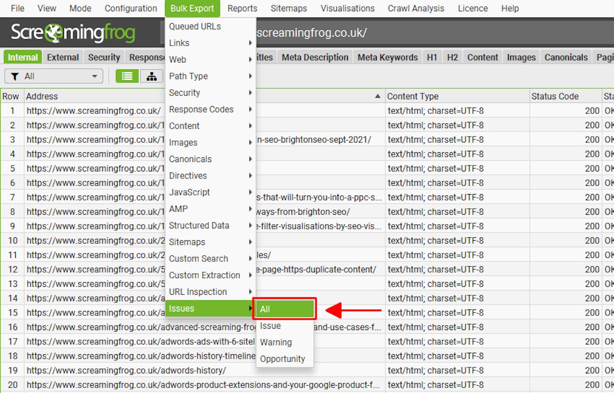 [Screenshot: Screaming Frog crawl export showing a list of URLs with status codes, word count, and indexability status]