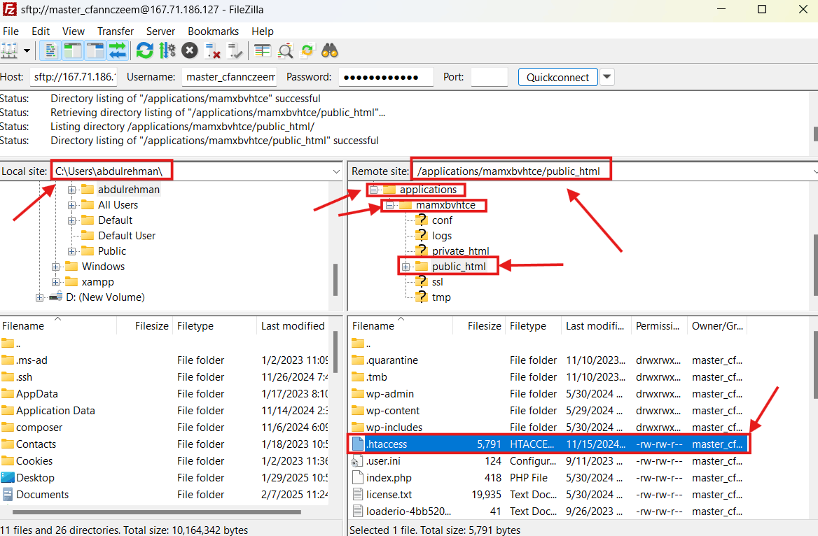 [Screenshot: .htaccess file location in a site&rsquo;s root directory shown in a file manager like FileZilla or cPanel]