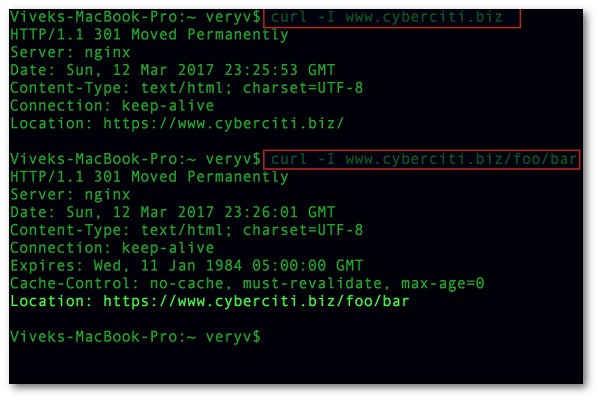 [Screenshot: Terminal window showing the nginx configuration file being edited with a 301 redirect rule]