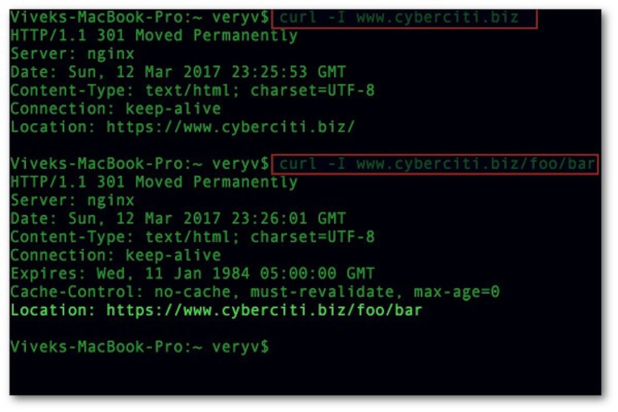 [Screenshot: Terminal window showing the nginx configuration file being edited with a 301 redirect rule]