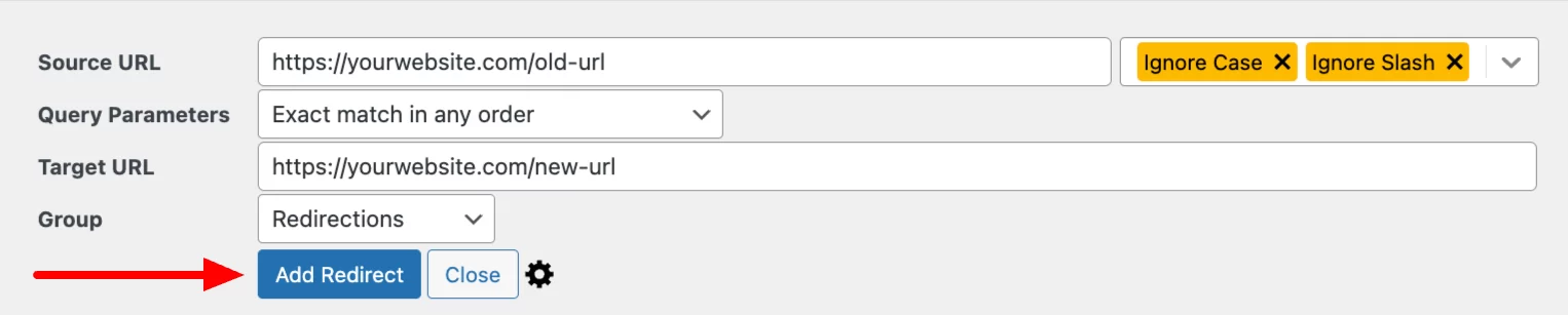 [Screenshot: WordPress Redirection plugin interface showing a new redirect being added with source URL and target URL fields]