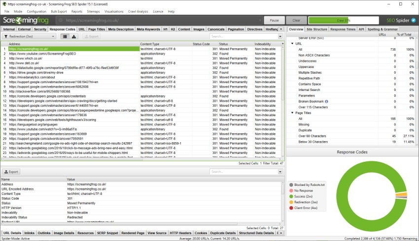 [Screenshot: Screaming Frog crawl results filtered to show pages with HTTP to HTTPS redirect issues]