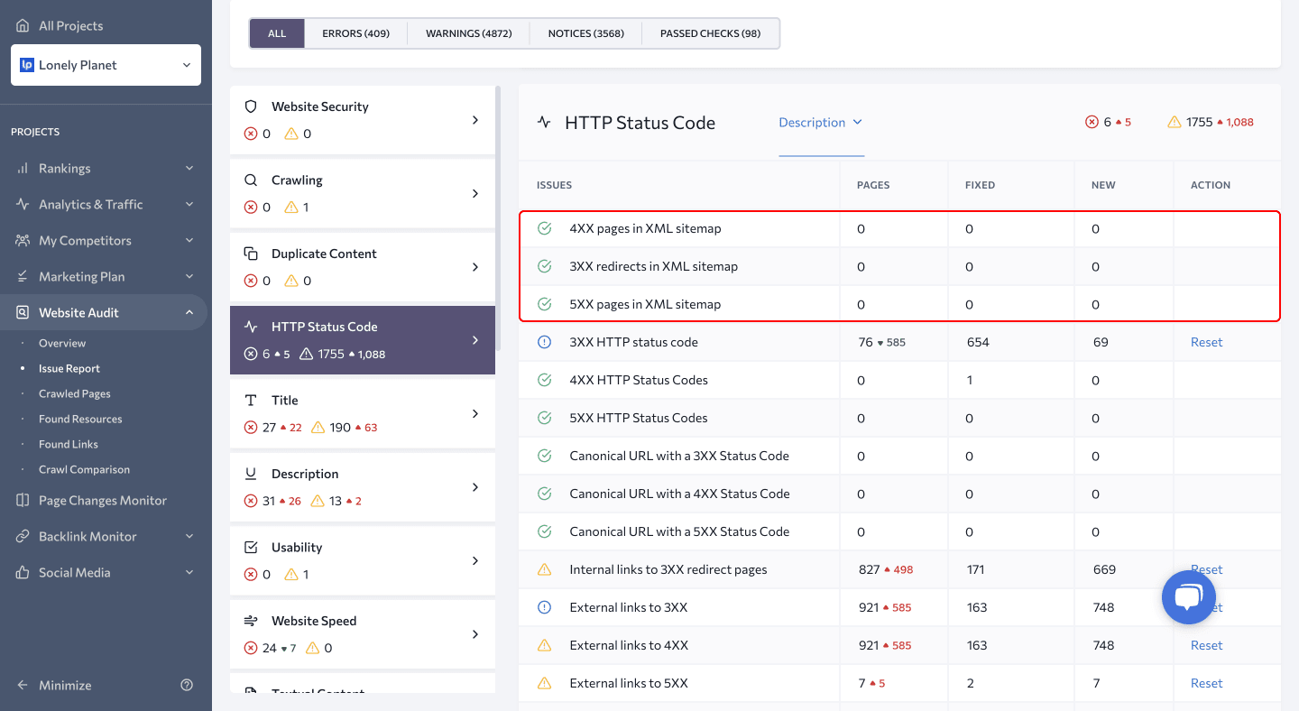 [Screenshot: Site audit tool showing a list of URLs in the sitemap that return 3XX redirect status codes]