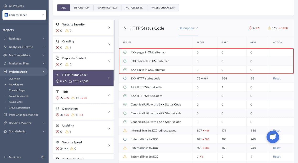 [Screenshot: Site audit tool showing a list of URLs in the sitemap that return 3XX redirect status codes]