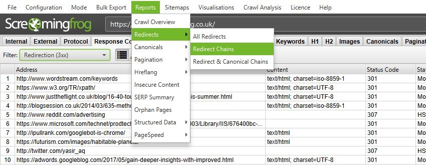 [Screenshot: Screaming Frog redirect chain report showing the chain of URLs from initial to final destination]