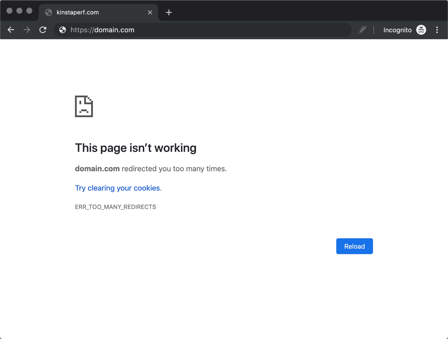 [Screenshot: Browser error page showing &ldquo;This page isn&rsquo;t working, ERR_TOO_MANY_REDIRECTS&rdquo;]