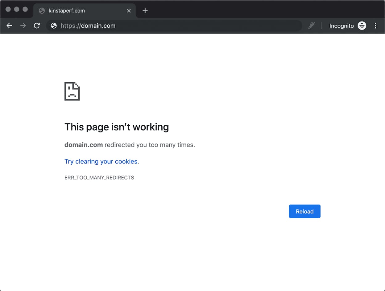 [Screenshot: Browser error page showing &ldquo;This page isn&rsquo;t working, ERR_TOO_MANY_REDIRECTS&rdquo;]