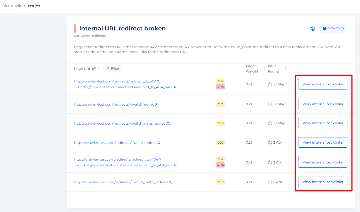 [Screenshot: Site audit report showing broken redirect errors with source URL, redirect URL, and the 404 status code on the destination]