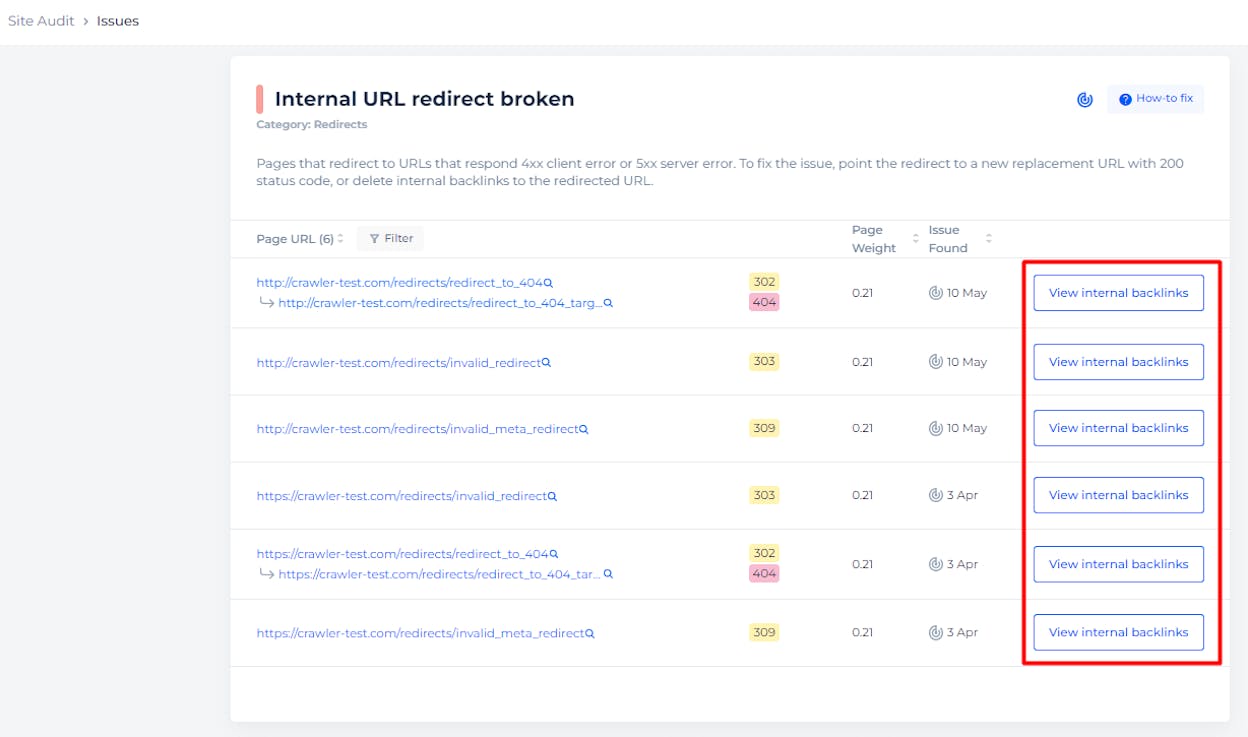 [Screenshot: Site audit report showing broken redirect errors with source URL, redirect URL, and the 404 status code on the destination]
