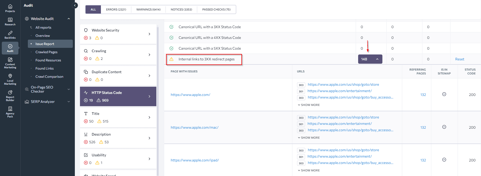 [Screenshot: Site audit tool filtered to show pages with 302 redirects and meta refresh redirects]